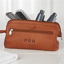 Embroidered Brown Leather Dopp Kit Travel Bag - 10215
