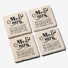 Personalized Stone Coaster Set - Mr & Mrs Wedding Coasters - 14102