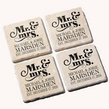 Personalized Stone Coaster Set - Mr & Mrs Wedding Coasters - 14102