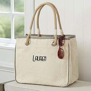 Embroidered Canvas Rope Tote- Grey - 14555-R
