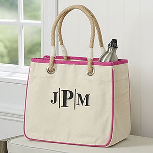 Embroidered Canvas Rope Tote- Pink - 14555-P