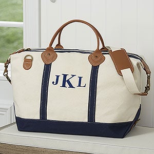 Luxurious Weekender Embroidered Canvas Duffel- Navy - 15171-B