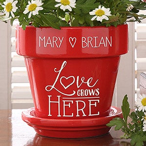 Love Grows Here Couples Personalized Flower Pot- Red - 16513-R