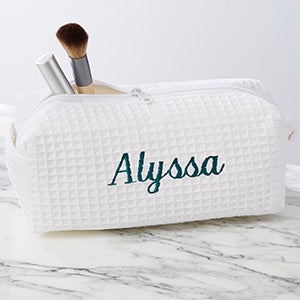 Embroidered White  Waffle Weave Makeup Bag - 17001-BM