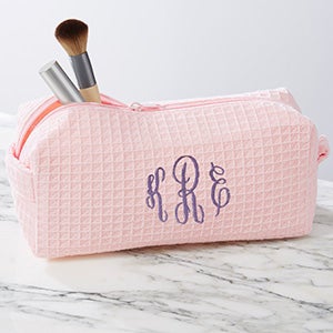 Embroidered Blush Waffle Weave Makeup Bag - 17001-B