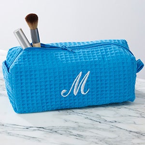 Embroidered Aqua Waffle Weave Makeup Bag - 17001-A