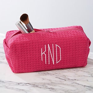 Embroidered Pink Waffle Weave Makeup Bag - 17001-P