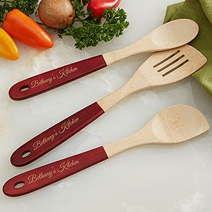 Personalized Red-Handled Bamboo Cooking Utensils- 3pc Set - 18535