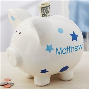 Personalized Piggy Bank For Boy Blue Polka Dot