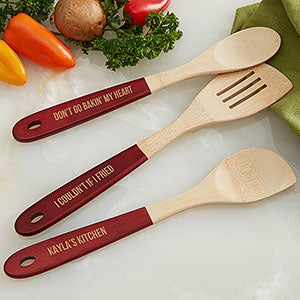 Kitchen Expressions Personalized Red-Handled Bamboo Cooking Utensils- 3pc Set - 18856