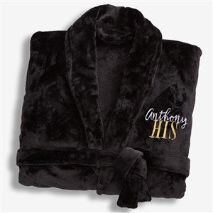 His or Hers Embroidered Luxury Fleece Robe- Black - 19758-B
