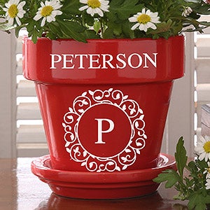 Circle & Vine Monogram Personalized Flower Pot - Red - 19989-R