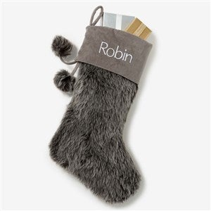 Embroidered Grey Faux Fur Christmas Stocking - 20986-G