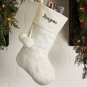 Embroidered Ivory Faux Fur Christmas Stocking - 20986-I