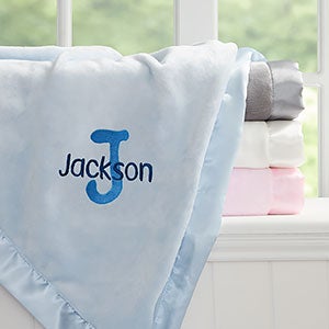 Name & Initial Embroidered Blue Satin Trim Baby Blanket - 21732-B