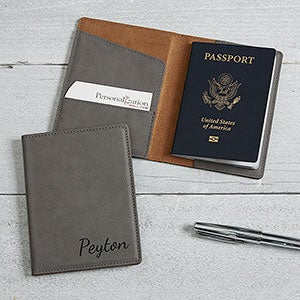 Personalized Leatherette Passport Holder- Charcoal - 22658-G