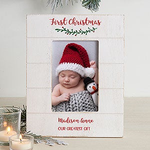 Holly Branch Babys First Christmas Personalized Shiplap Frame 4x6 Vertical - 25118-4x6V