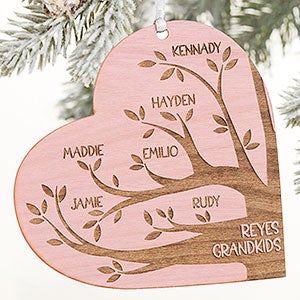 Family Tree Wood Heart Personalized Ornament- Pink Stain - 26131-1P