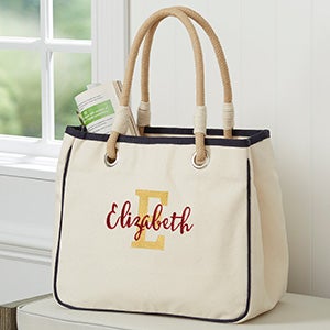 Playful Name Embroidered Canvas Rope Tote - Navy - 27003-N