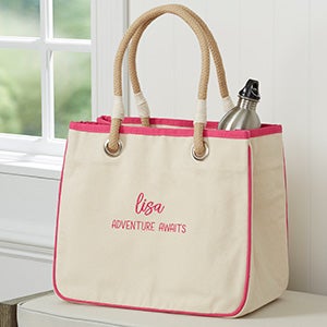 Scripty Style Embroidered Canvas Rope Tote - Pink - 28033-P
