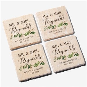 Laurels of Love Personalized Wedding Tumbled Stone Coaster Set - 28704