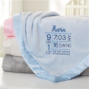 Birth Info Embroidered Blue Satin Trim Baby Blanket - 32077-B