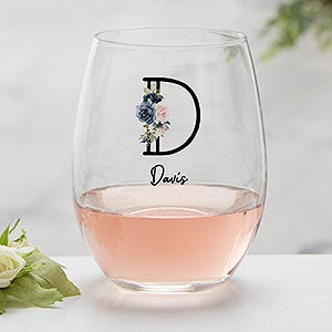 Navy Colorful Floral Personalized Stemless Wine Glass - 32412-S