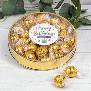 Pastel Birthday Personalized Large Gold Lindt Gift Tin- White Chocolate - 32443D-LW