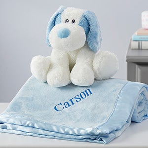 Embroidered Blue Satin Trim Baby Blanket with Plush Puppy Set - 32706-B
