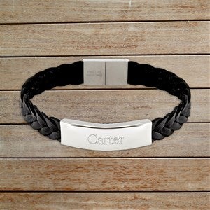 Mens Name Personalized ID Leather Bracelet - Black Braided & Silver Plate - 32894D-BS