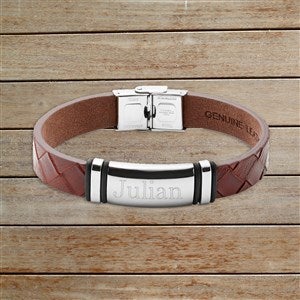 Mens Name Personalized ID Leather Bracelet - Brown Woven  Silver Plate - 32894D-WS