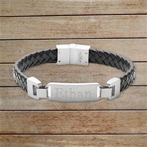 Mens Name Personalized ID Leather Bracelet - Premium Braided  Silver Plate - 32894D-PBS