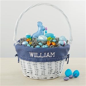 Personalized White Easter Basket With Drop-Down Handle - Navy Check - 35122-N