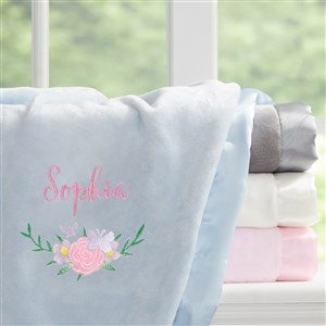 Butterfly Kisses Baby Girl Embroidered Blue Satin Trim Baby Blanket - 36902-B
