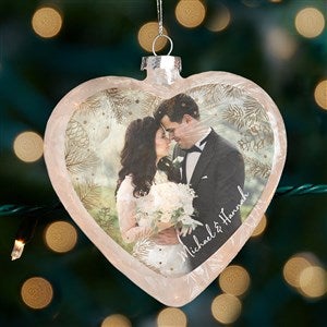 Gold Foliage Personalized Wedding Photo Lightable Frosted Glass Heart Ornament - 37297