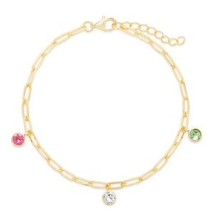 Gold Paperclip Chain Birthstone Charm Bracelet - Three Stone - 46140D-3GD