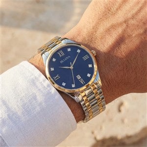 Engraved Bulova Blue Dial Two Tone Watch