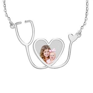 Personalized Nurse Stethoscope Heart Photo Pendant - Silver - 48690D-S