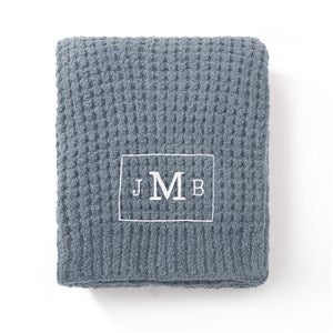 Embroidered Saranoni Waffle Knit Throw - Oxford (Chambray Blue) - 50695