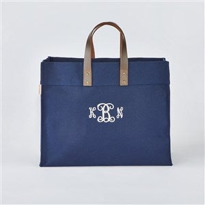 Embroidered Canvas and Leather Tote in Navy - 50989