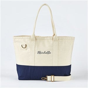 Embroidered Utility Canvas Tote in Natural/Navy- Centered Text - 50999