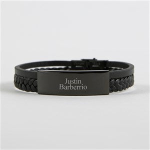 Engraved Leather Braid ID Bracelet in Black/Gunmetal - 52018