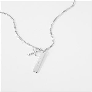 Kittenish Engraved Sterling Silver Cross and Bar Necklace - Vertical - 52325-V