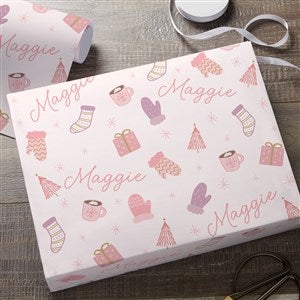 Kittenish Cozy Holiday Personalized Wrapping Paper in Pink - 18ft Roll - 52506-L