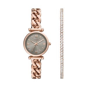 Engraved Fossil Carlie Rose Gold Watch and Bracelet Set - 52902