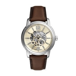 Engraved Fossil Heritage Skeleton Dark Brown Leather Watch - 52906