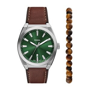 Engraved Fossil Everett Leather Watch and Beaded Bracelet Gift Set - 52909