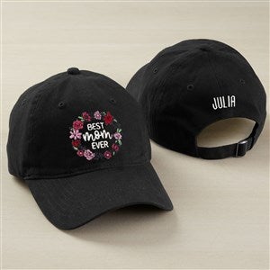 Kittenish Floral Wreath Embroidered Black Baseball Cap for Mom - 54655-B