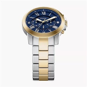 Engraved Fossil Grant Two Tone Blue Dial Stainless Watch