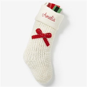 Knit Noel Bow Embroidered Christmas Stocking - Red - 55707